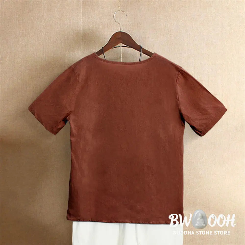 Buddha Stones Casual Summer Pure Color Jacquard Button Crew Neck Cotton Women’s Short Sleeve T-Shirt - Women’s T-Shirts