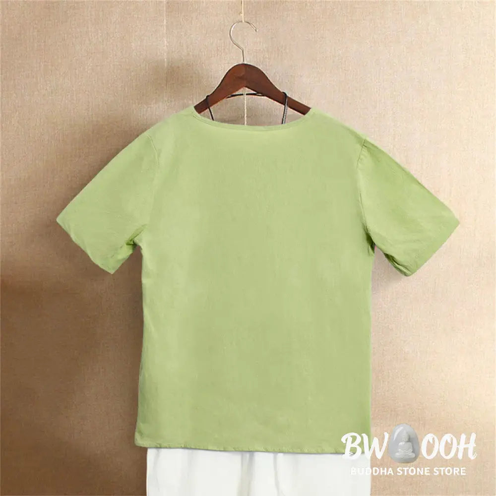 Buddha Stones Casual Summer Pure Color Jacquard Button Crew Neck Cotton Women’s Short Sleeve T-Shirt - Women’s T-Shirts