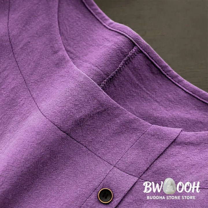 Buddha Stones Casual Summer Pure Color Jacquard Button Crew Neck Cotton Women’s Short Sleeve T-Shirt - Women’s T-Shirts