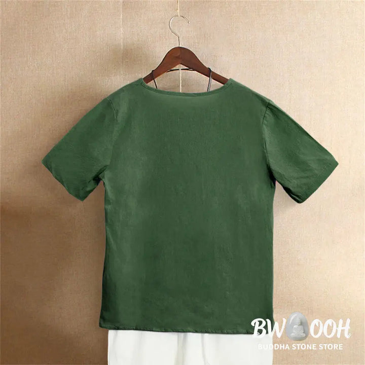 Buddha Stones Casual Summer Pure Color Jacquard Button Crew Neck Cotton Women’s Short Sleeve T-Shirt - Women’s T-Shirts