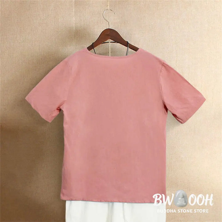 Buddha Stones Casual Summer Pure Color Jacquard Button Crew Neck Cotton Women’s Short Sleeve T-Shirt - Women’s T-Shirts