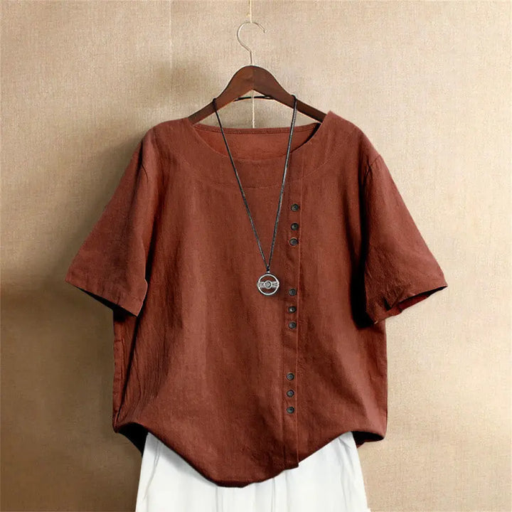Buddha Stones Casual Summer Pure Color Jacquard Button Crew Neck Cotton Women’s Short Sleeve T-Shirt - Sienna