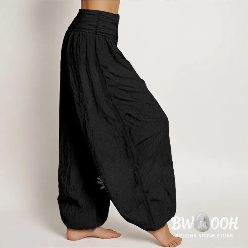 Buddha Stones Casual Three Lotus Flowers Pattern Women’s Elastic Waist Harem Cotton Pants - Women’s Harem Pants