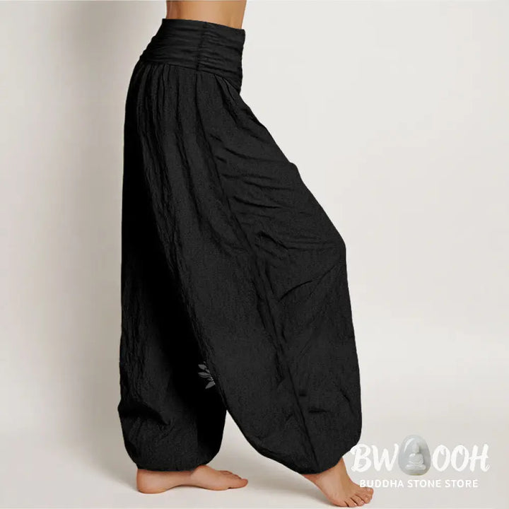 Buddha Stones Casual Three Lotus Flowers Pattern Women’s Elastic Waist Harem Cotton Pants - Women’s Harem Pants