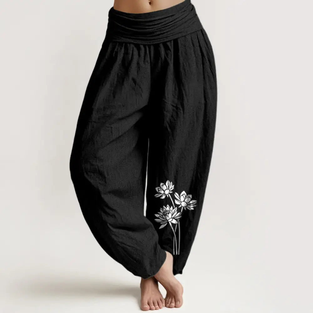 Buddha Stones Casual Three Lotus Flowers Pattern Women’s Elastic Waist Harem Cotton Pants - Black / US2，UK/AU6，EU34