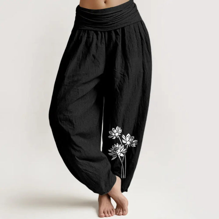 Buddha Stones Casual Three Lotus Flowers Pattern Women’s Elastic Waist Harem Cotton Pants - Black / US2，UK/AU6，EU34