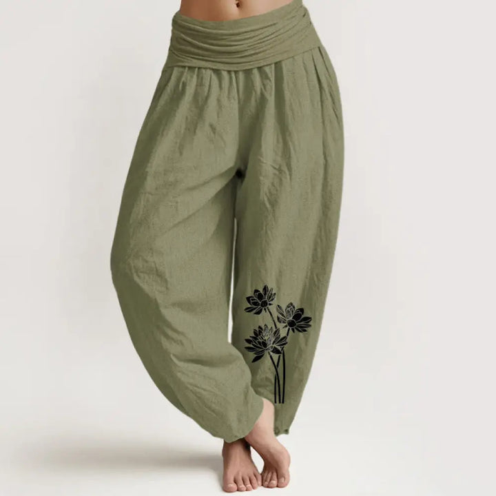 Buddha Stones Casual Three Lotus Flowers Pattern Women’s Elastic Waist Harem Cotton Pants - OliveDrab / US2，UK/AU6，EU34