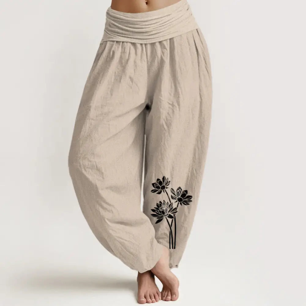 Buddha Stones Casual Three Lotus Flowers Pattern Women’s Elastic Waist Harem Cotton Pants - Tan / US2，UK/AU6，EU34 (XS)