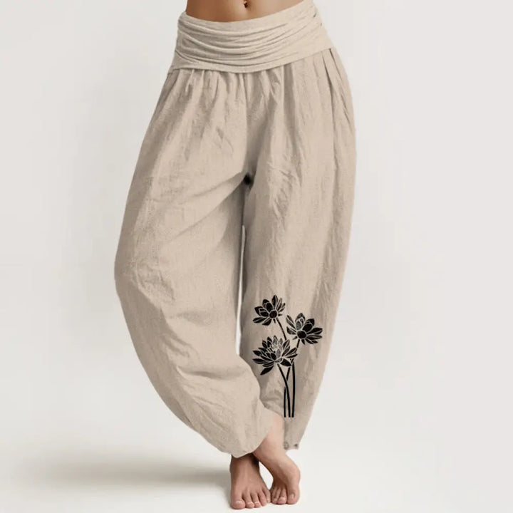 Buddha Stones Casual Three Lotus Flowers Pattern Women’s Elastic Waist Harem Cotton Pants - Tan / US2，UK/AU6，EU34 (XS)