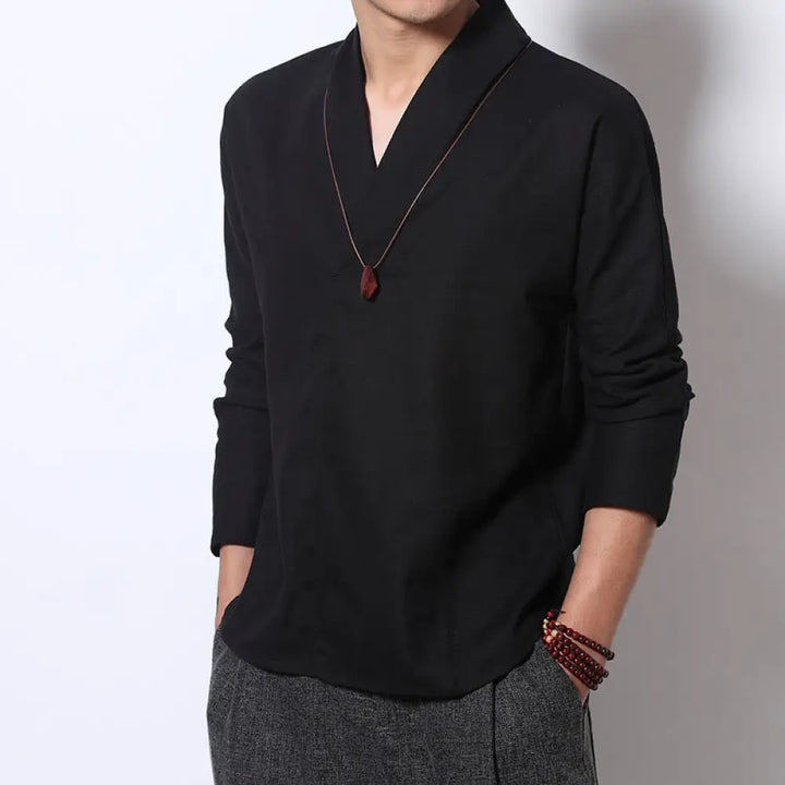 Buddha Stones Casual V-Neck Long Sleeve Shirt Linen Men Clothing - Black / US/UK/AU32，EU42 (M) - Men’s Shirts