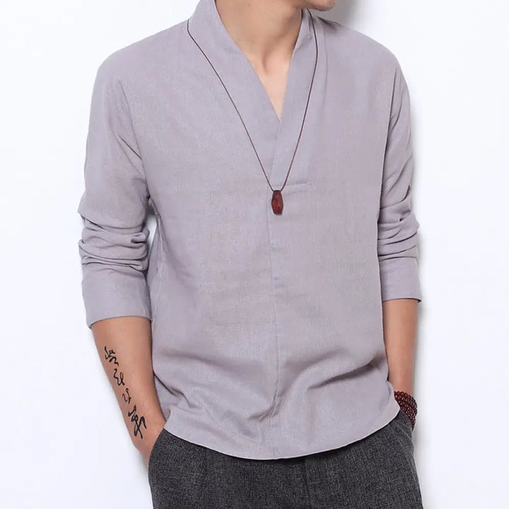 BWOOOH Casual V-Neck Long Sleeve Shirt Linen Men Clothing