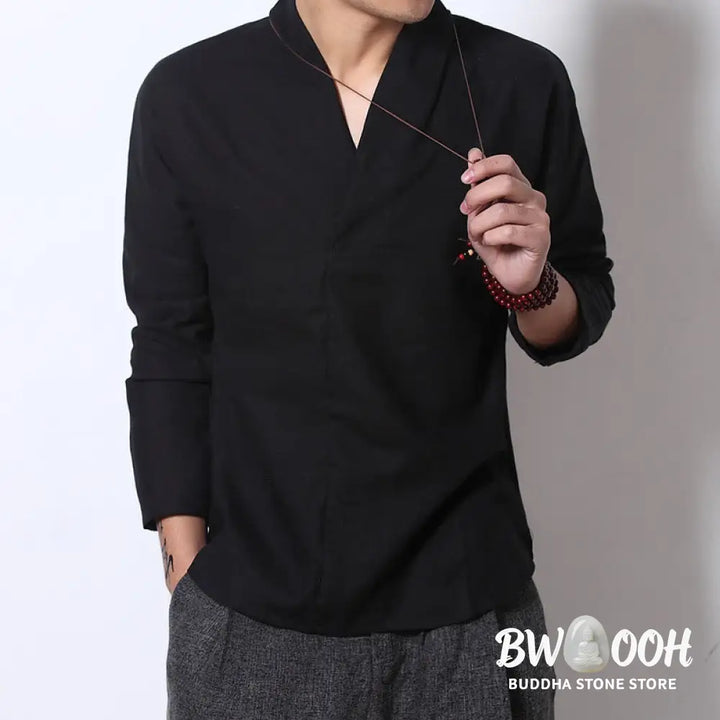 Buddha Stones Casual V-Neck Long Sleeve Shirt Linen Men Clothing - Men’s Shirts