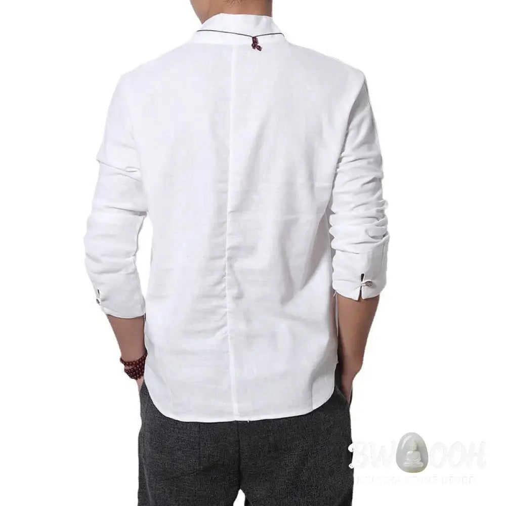 Buddha Stones Casual V-Neck Long Sleeve Shirt Linen Men Clothing - Men’s Shirts
