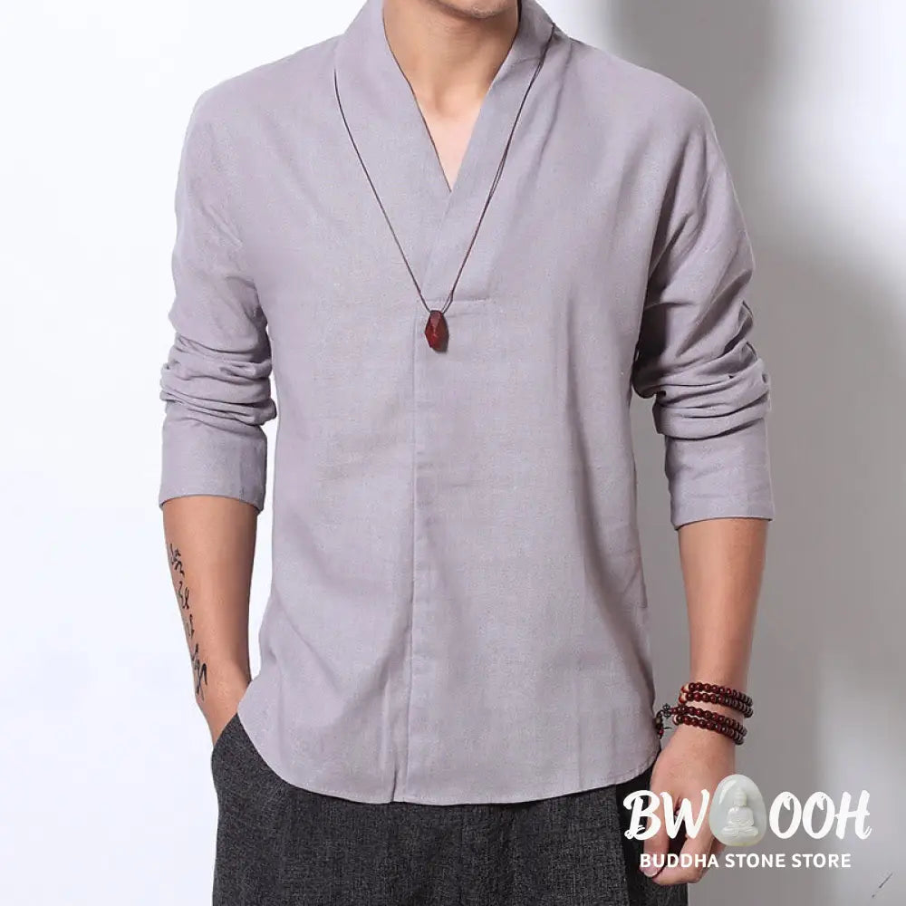 Buddha Stones Casual V-Neck Long Sleeve Shirt Linen Men Clothing - Men’s Shirts