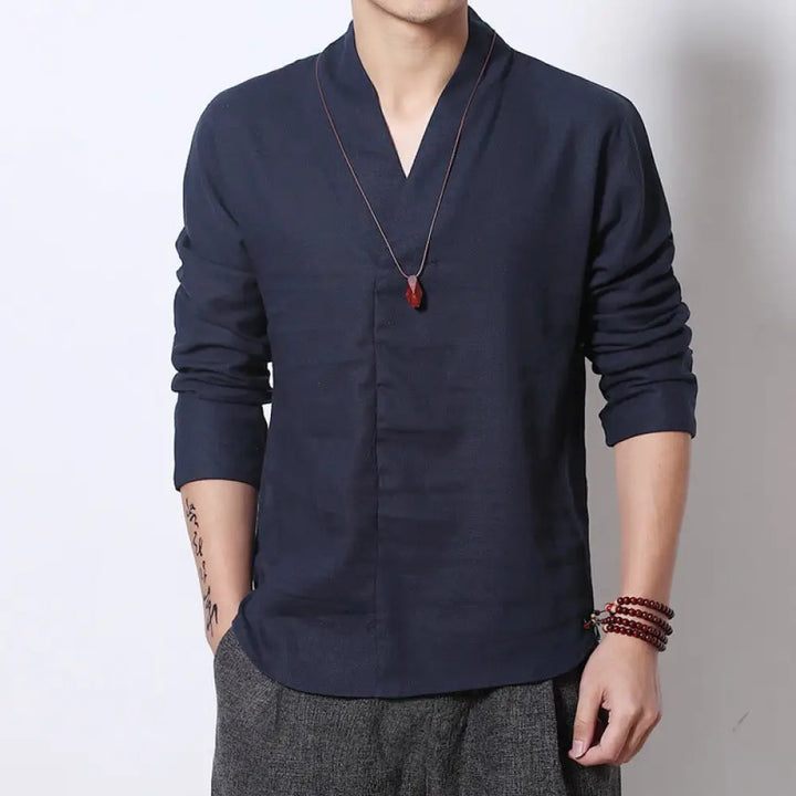Buddha Stones Casual V-Neck Long Sleeve Shirt Linen Men Clothing - SteelBlue / US/UK/AU32，EU42 (M) - Men’s Shirts