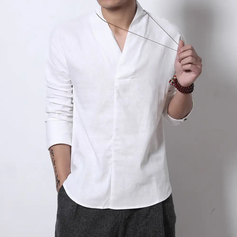 Buddha Stones Casual V-Neck Long Sleeve Shirt Linen Men Clothing - White / US/UK/AU32，EU42 (M) - Men’s Shirts