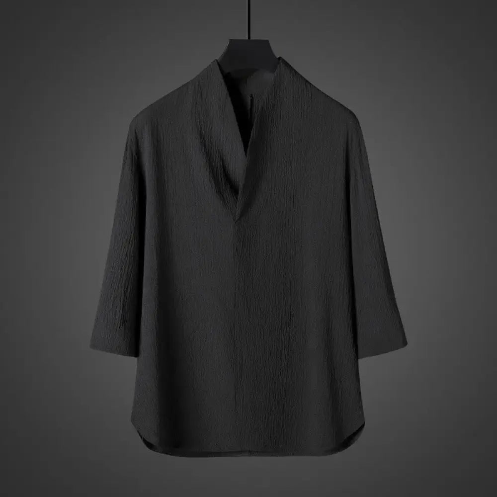 Buddha Stones Casual V-Neck Three Quarter Sleeve Men’s Shirt - Black / US/UK/AU34，EU44 (M) - Men’s Shirts