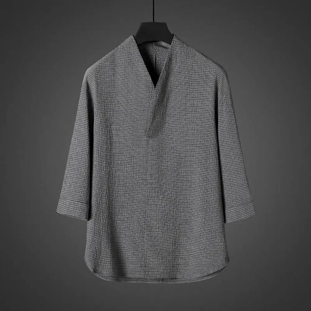 Buddha Stones Casual V-Neck Three Quarter Sleeve Men’s Shirt - DarkGray / US/UK/AU34，EU44 (M) - Men’s Shirts