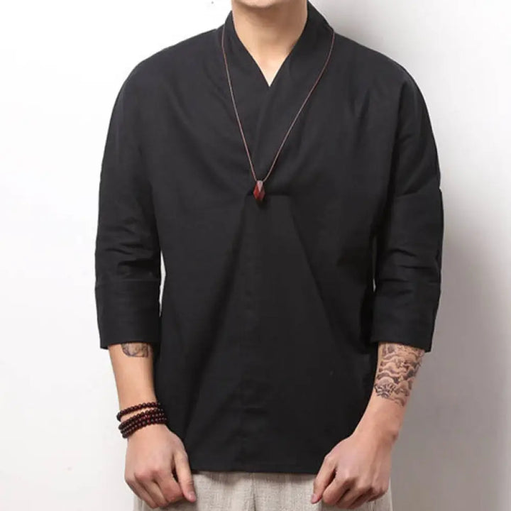 Buddha Stones Casual V-Neck Three Quarter Sleeve Shirt Men Clothing - Black / US/UK/AU32，EU42 (M) - Men&