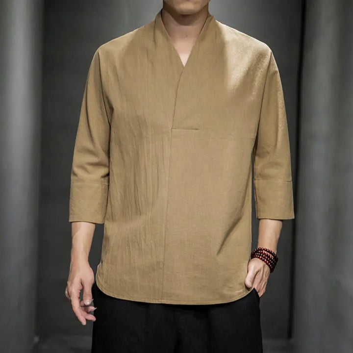BWOOOH Casual V-Neck Three Quarter Sleeve Shirt Men Cloth