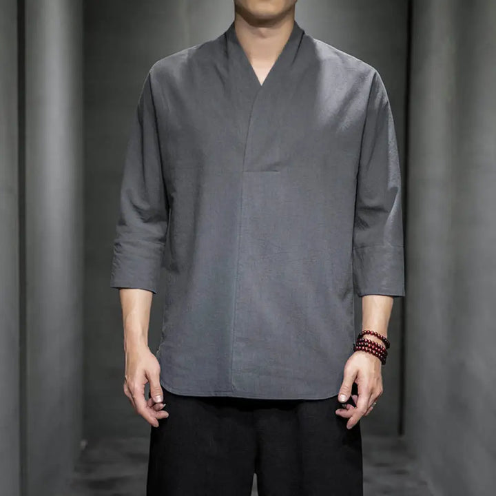 Buddha Stones Casual V-Neck Three Quarter Sleeve Shirt Men Clothing - Gray / US/UK/AU32，EU42 (M) - Men&