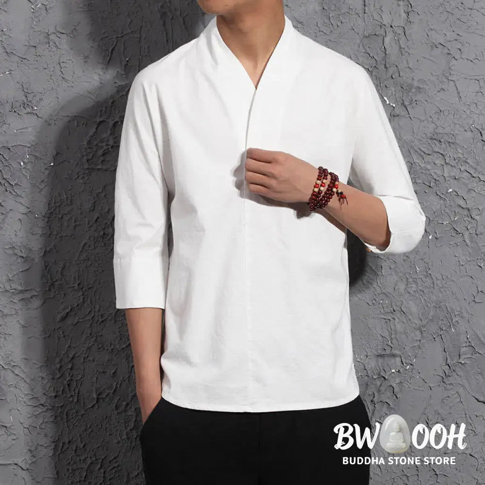Buddha Stones Casual V-Neck Three Quarter Sleeve Shirt Men Clothing - Men&