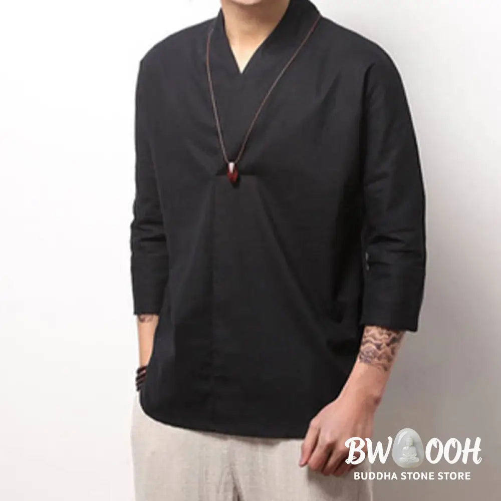 Buddha Stones Casual V-Neck Three Quarter Sleeve Shirt Men Clothing - Men&
