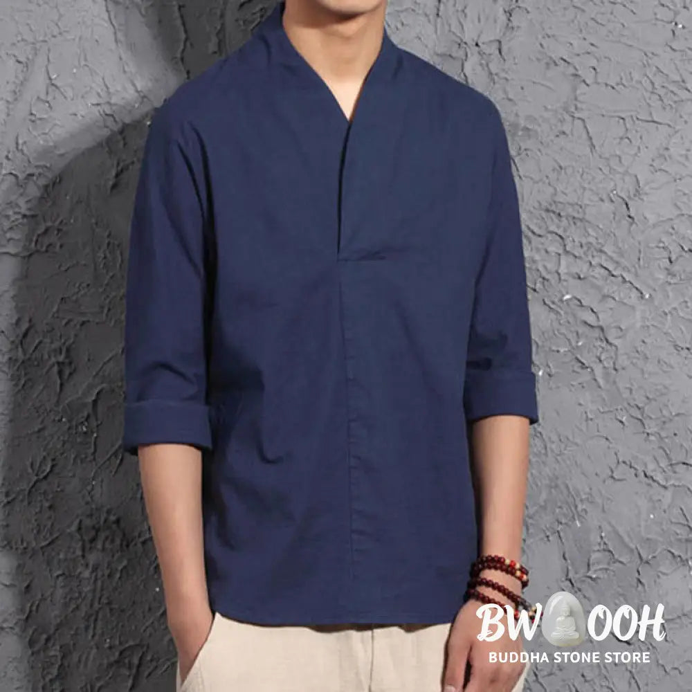 Buddha Stones Casual V-Neck Three Quarter Sleeve Shirt Men Clothing - Men&