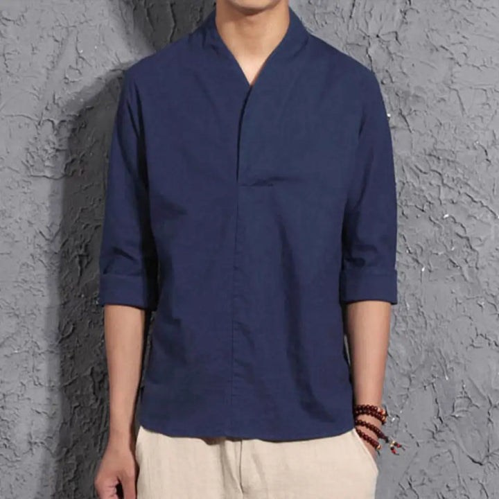 Buddha Stones Casual V-Neck Three Quarter Sleeve Shirt Men Clothing - Steelblue / US/UK/AU32，EU42 (M) - Men&