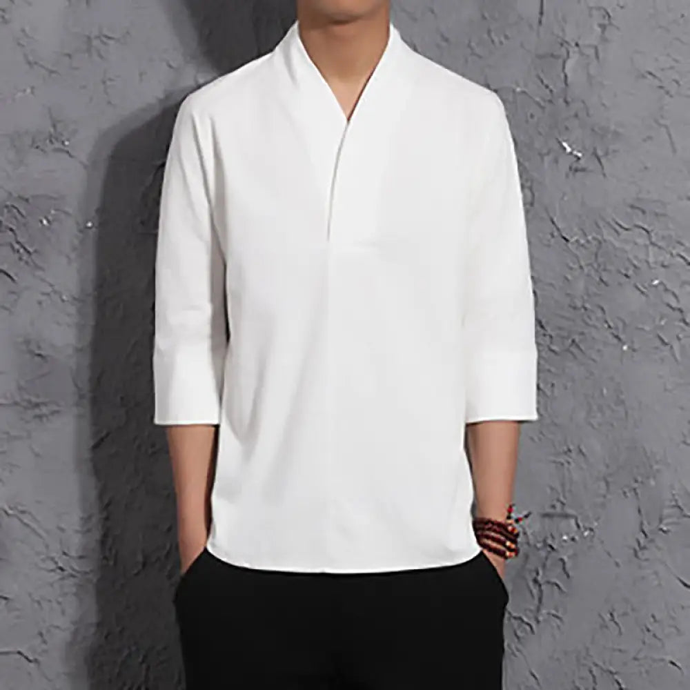 Buddha Stones Casual V-Neck Three Quarter Sleeve Shirt Men Clothing - White / US/UK/AU32，EU42 (M) - Men&