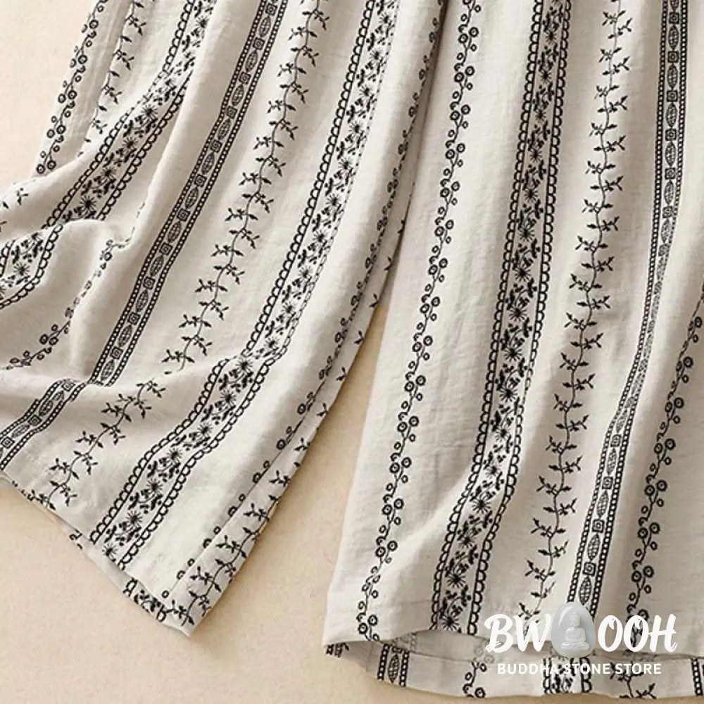 Buddha Stones Casual Vertical Printing Cotton Linen Women’s Wide Leg Pants With Pockets - Women’s Wide Leg Pants
