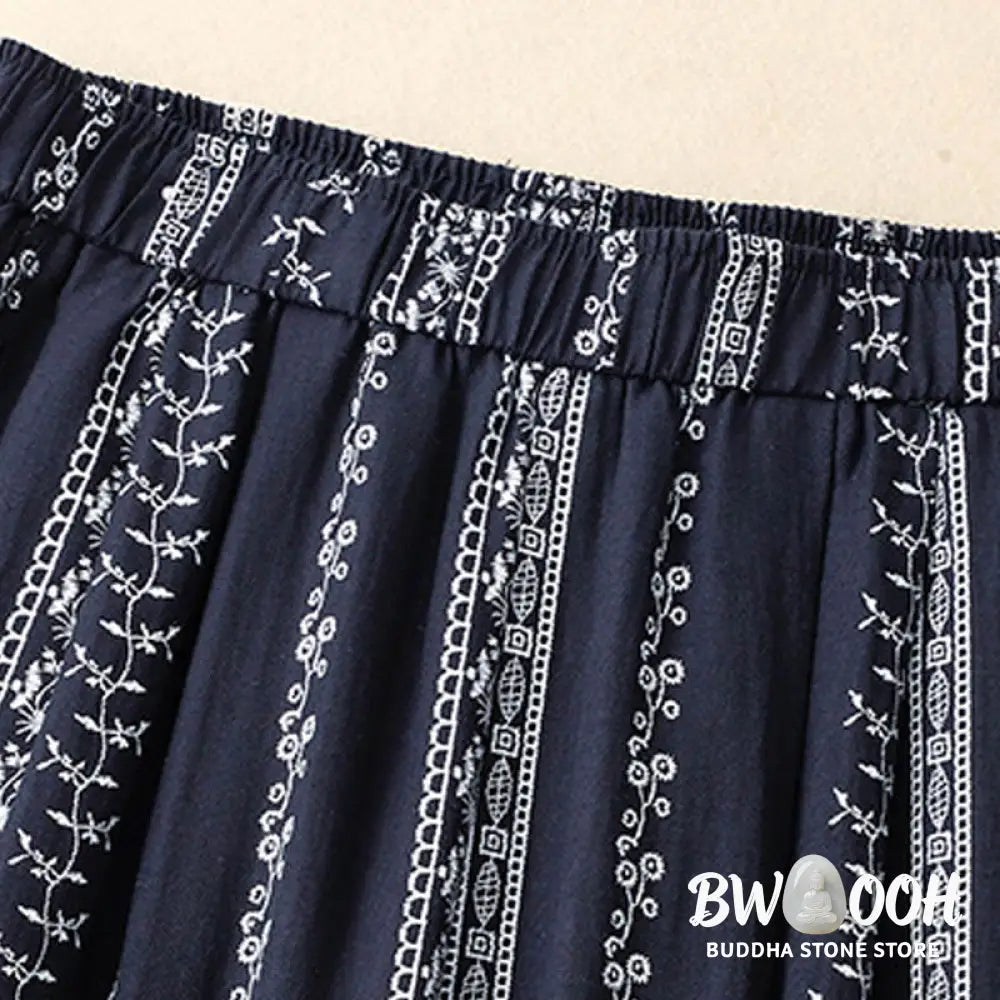 Buddha Stones Casual Vertical Printing Cotton Linen Women’s Wide Leg Pants With Pockets - Women’s Wide Leg Pants