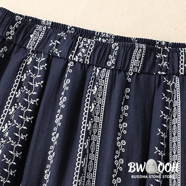 Buddha Stones Casual Vertical Printing Cotton Linen Women’s Wide Leg Pants With Pockets - Women’s Wide Leg Pants