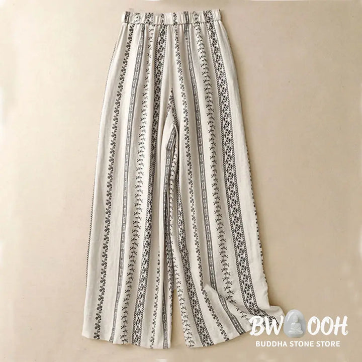 Buddha Stones Casual Vertical Printing Cotton Linen Women’s Wide Leg Pants With Pockets - Women’s Wide Leg Pants
