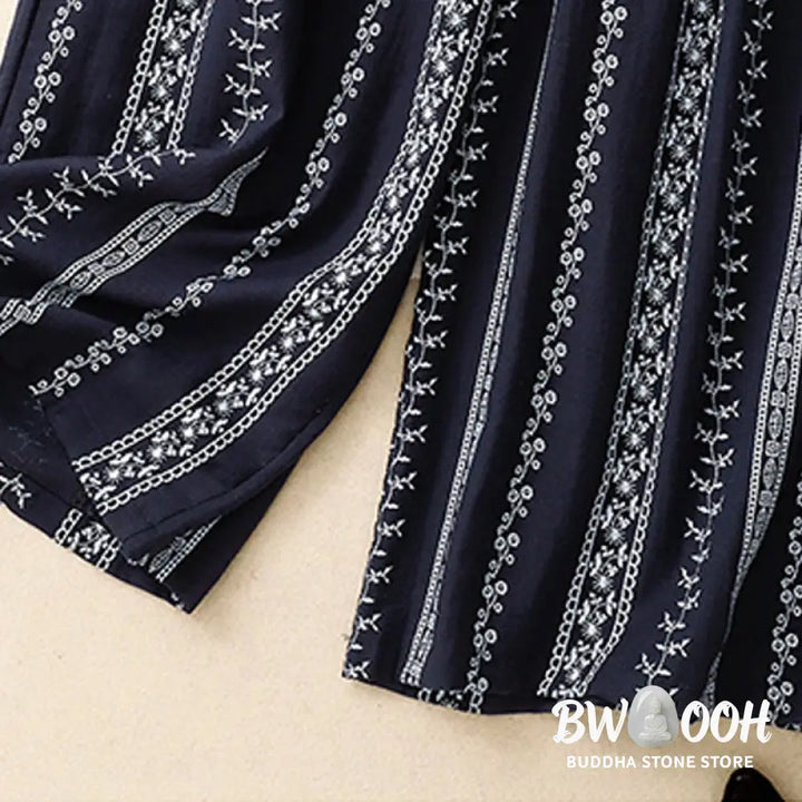 Buddha Stones Casual Vertical Printing Cotton Linen Women’s Wide Leg Pants With Pockets - Women’s Wide Leg Pants