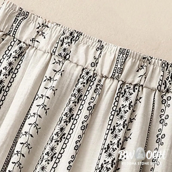Buddha Stones Casual Vertical Printing Cotton Linen Women’s Wide Leg Pants With Pockets - Women’s Wide Leg Pants