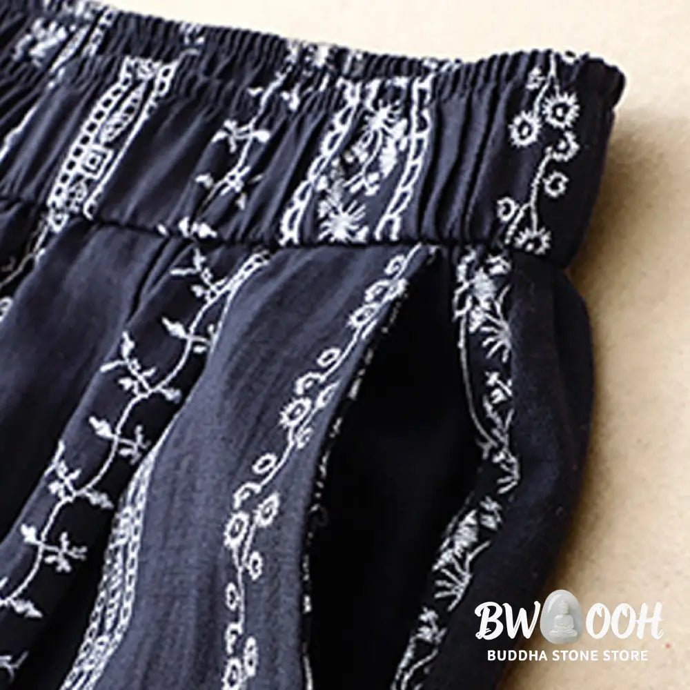 Buddha Stones Casual Vertical Printing Cotton Linen Women’s Wide Leg Pants With Pockets - Women’s Wide Leg Pants