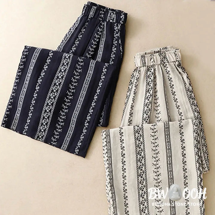 Buddha Stones Casual Vertical Printing Cotton Linen Women’s Wide Leg Pants With Pockets - Women’s Wide Leg Pants