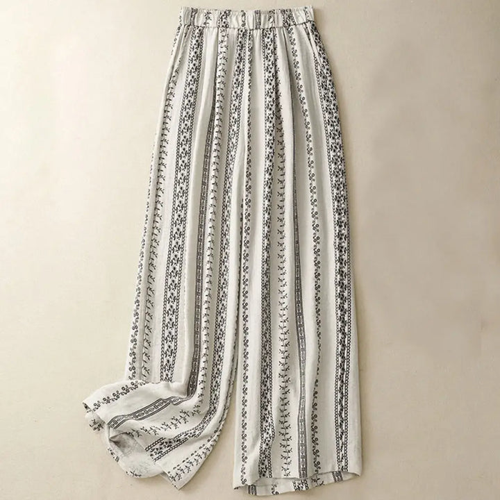 Buddha Stones Casual Vertical Printing Cotton Linen Women’s Wide Leg Pants With Pockets - Beige / US4，UK/AU8，EU36 (L)