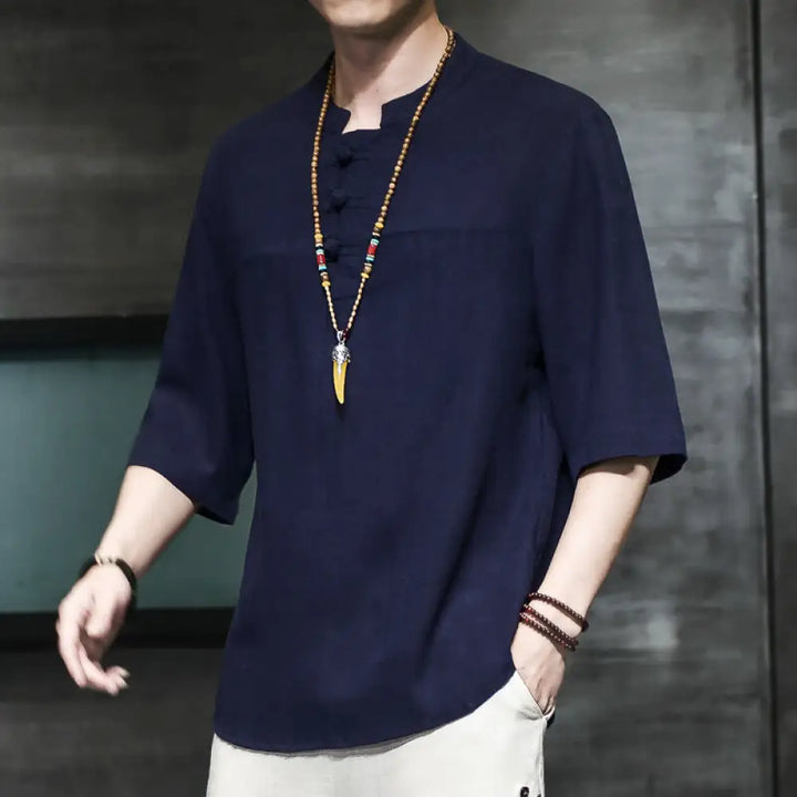 Buddha Stones Casual Vintage Chinese Frog-Button Men’s Half Sleeve Cotton Linen T-Shirt - MidnightBlue