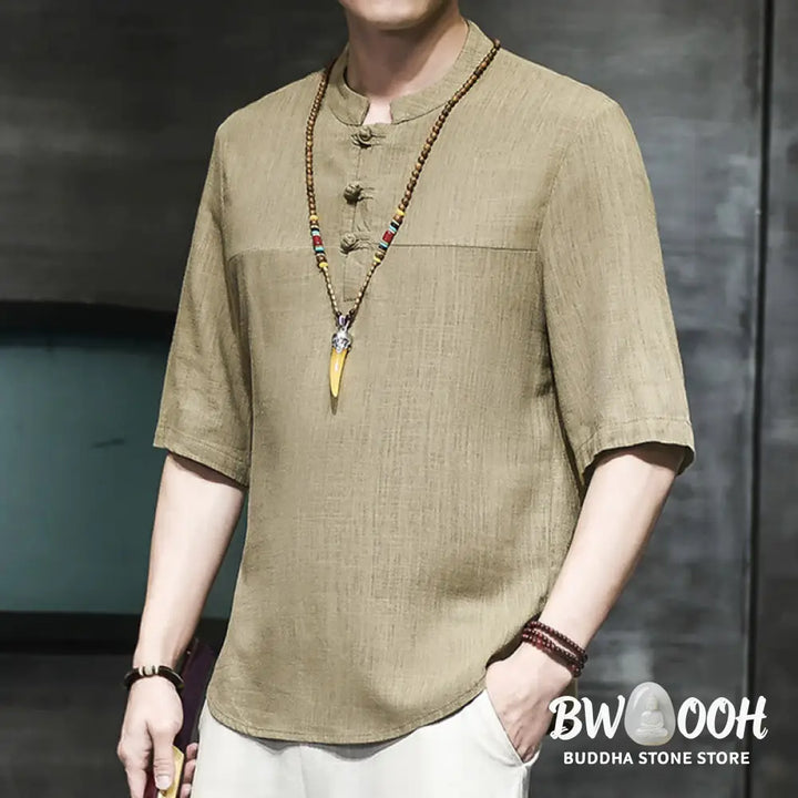 Buddha Stones Casual Vintage Chinese Frog-Button Men’s Half Sleeve Cotton Linen T-Shirt - Men’s T-Shirts