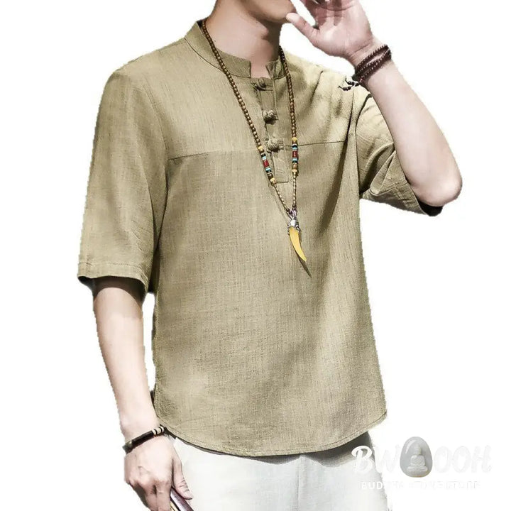 Buddha Stones Casual Vintage Chinese Frog-Button Men’s Half Sleeve Cotton Linen T-Shirt - Men’s T-Shirts