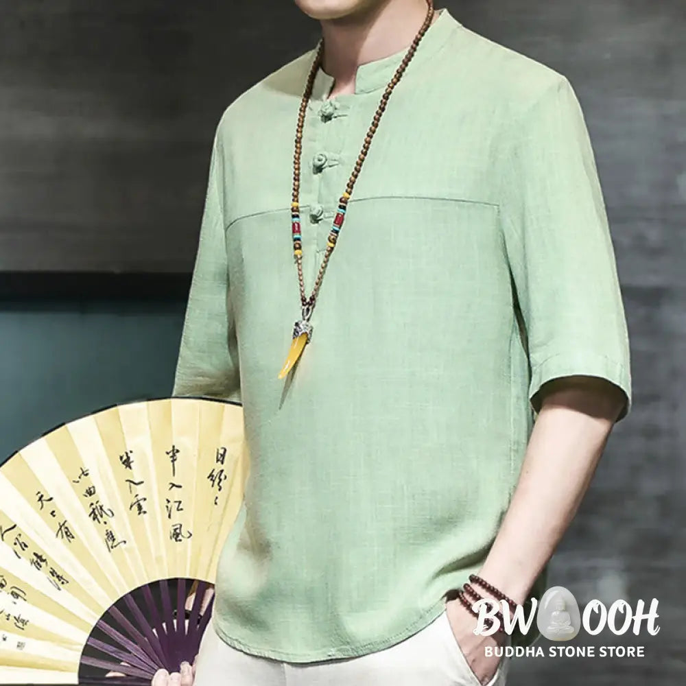 Buddha Stones Casual Vintage Chinese Frog-Button Men’s Half Sleeve Cotton Linen T-Shirt - Men’s T-Shirts