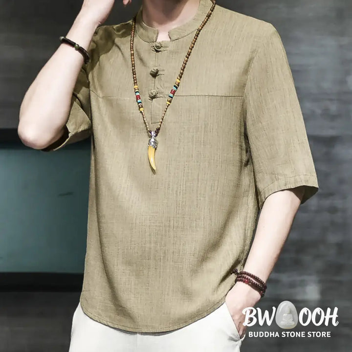 Buddha Stones Casual Vintage Chinese Frog-Button Men’s Half Sleeve Cotton Linen T-Shirt - Men’s T-Shirts