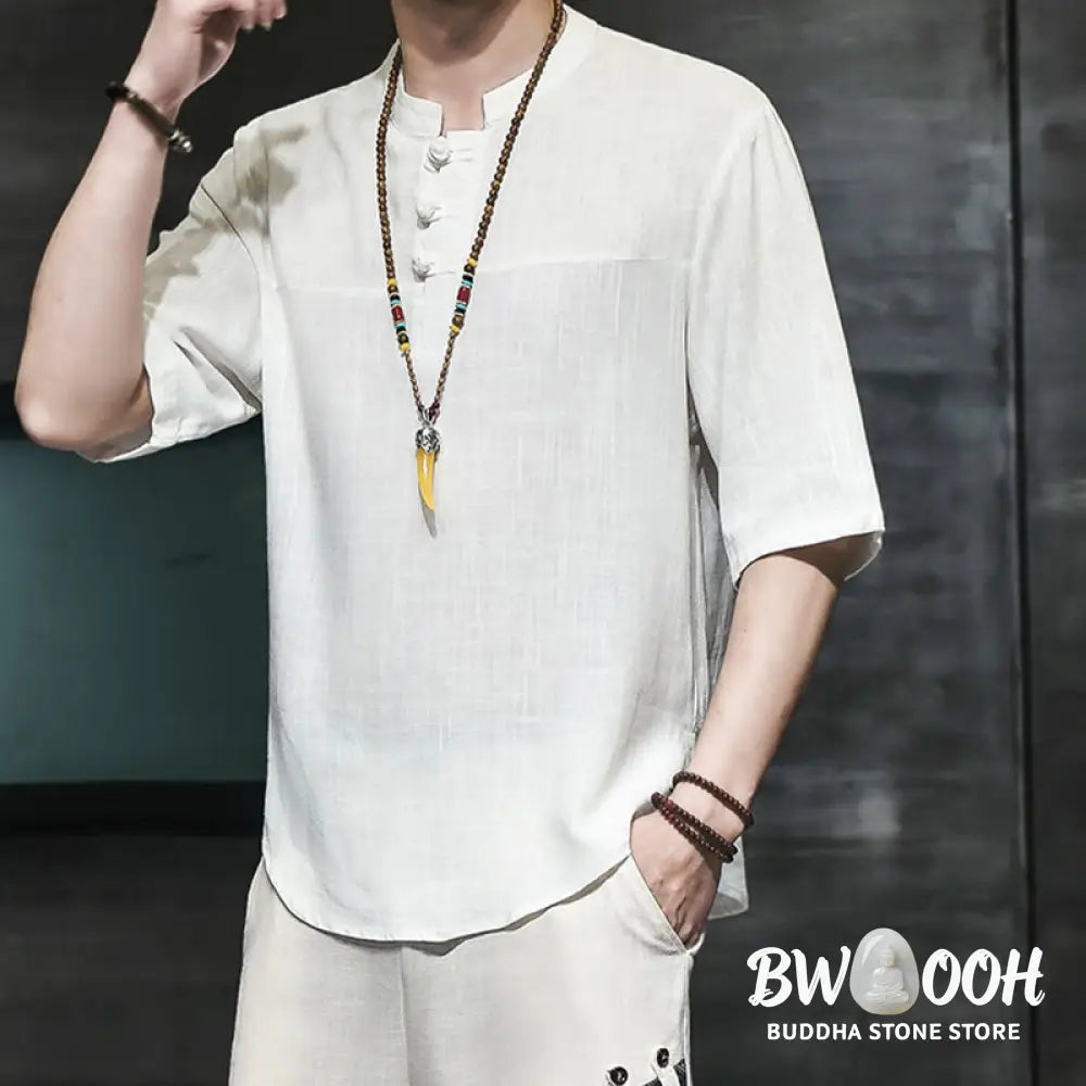 Buddha Stones Casual Vintage Chinese Frog-Button Men’s Half Sleeve Cotton Linen T-Shirt - Men’s T-Shirts