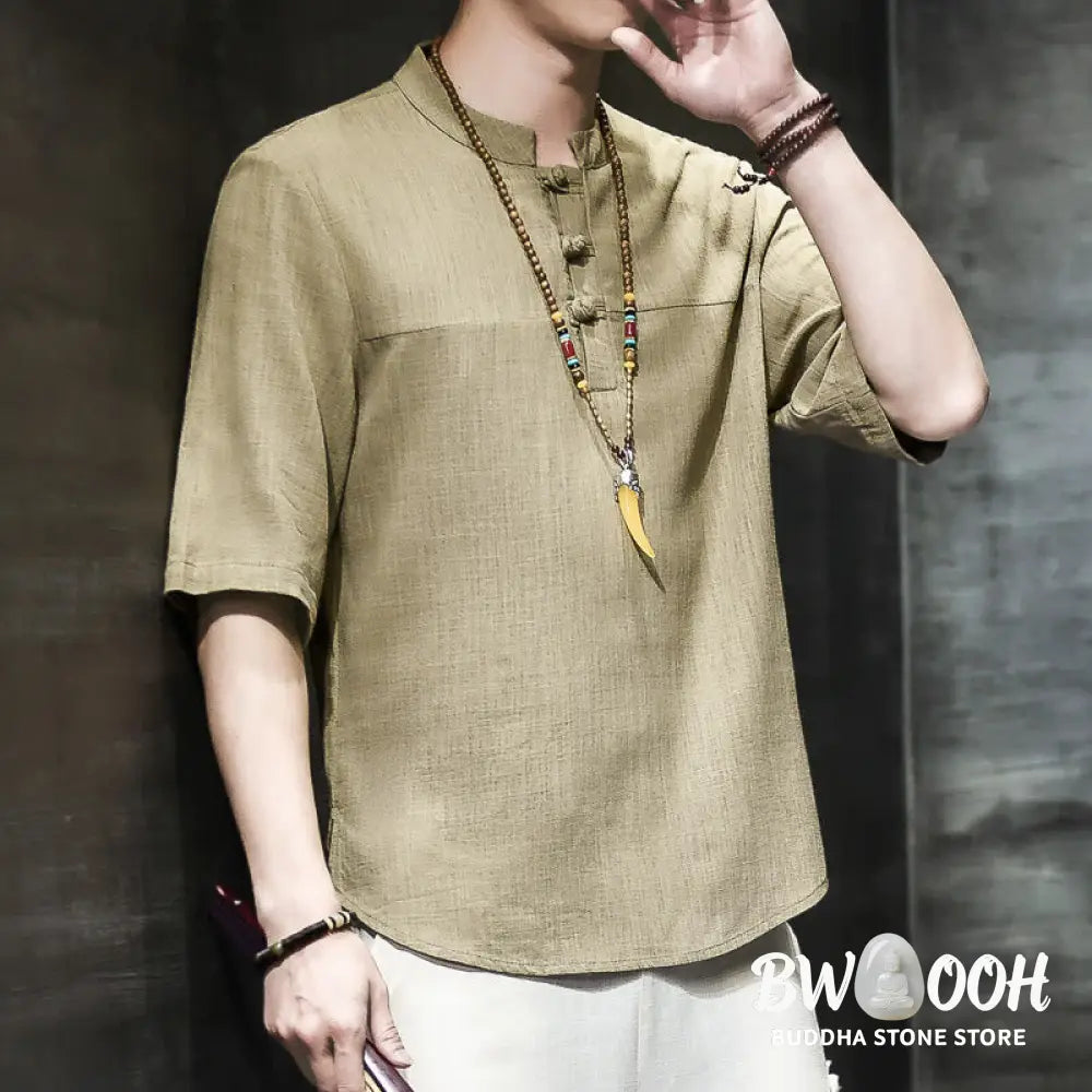 Buddha Stones Casual Vintage Chinese Frog-Button Men’s Half Sleeve Cotton Linen T-Shirt - Men’s T-Shirts