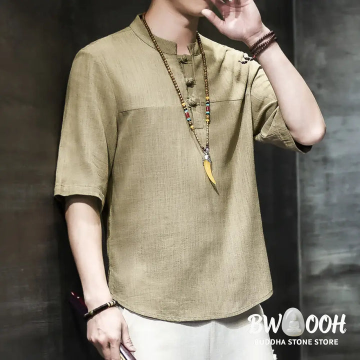 Buddha Stones Casual Vintage Chinese Frog-Button Men’s Half Sleeve Cotton Linen T-Shirt - Men’s T-Shirts