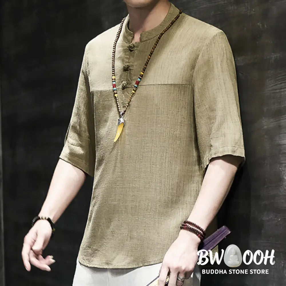 Buddha Stones Casual Vintage Chinese Frog-Button Men’s Half Sleeve Cotton Linen T-Shirt - Men’s T-Shirts