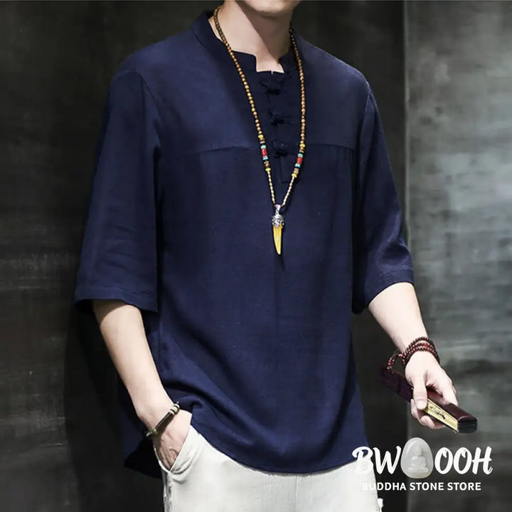 Buddha Stones Casual Vintage Chinese Frog-Button Men’s Half Sleeve Cotton Linen T-Shirt - Men’s T-Shirts