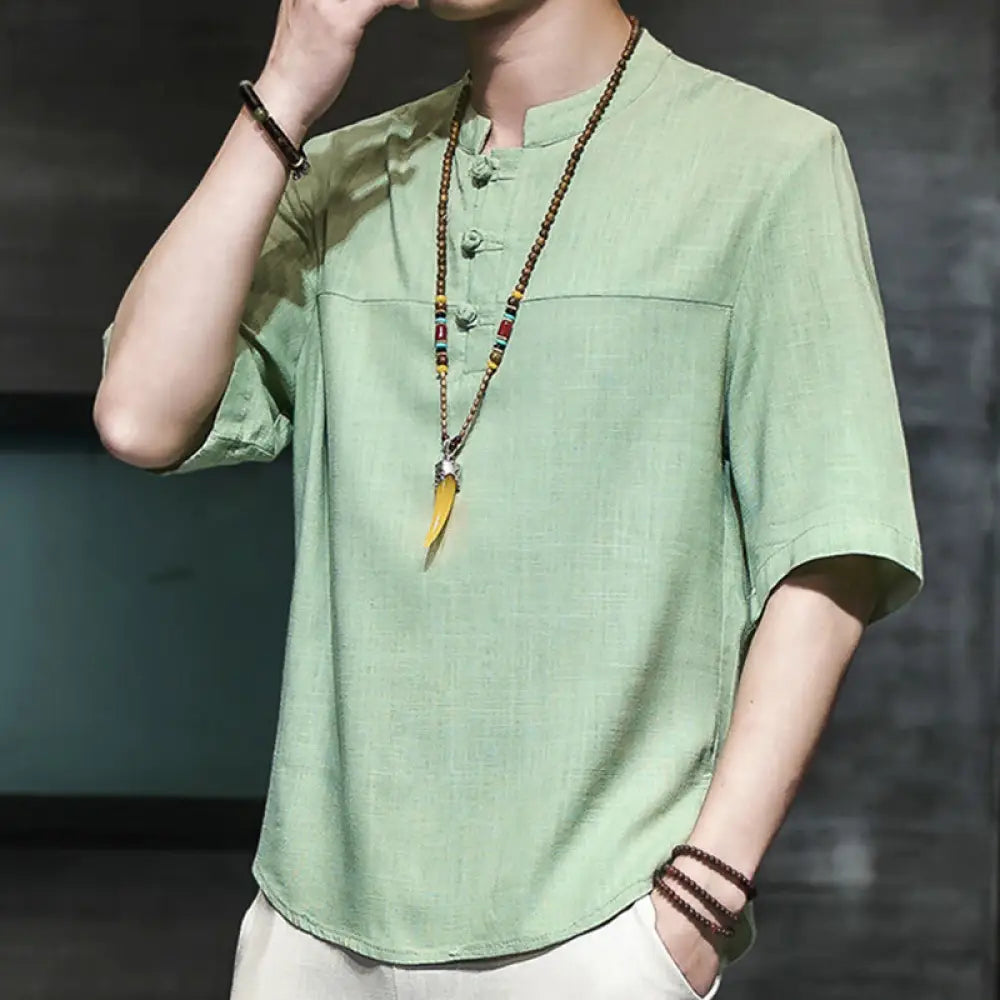 Buddha Stones Casual Vintage Chinese Frog-Button Men’s Half Sleeve Cotton Linen T-Shirt - SpringGreen / US/UK/AU36，EU46